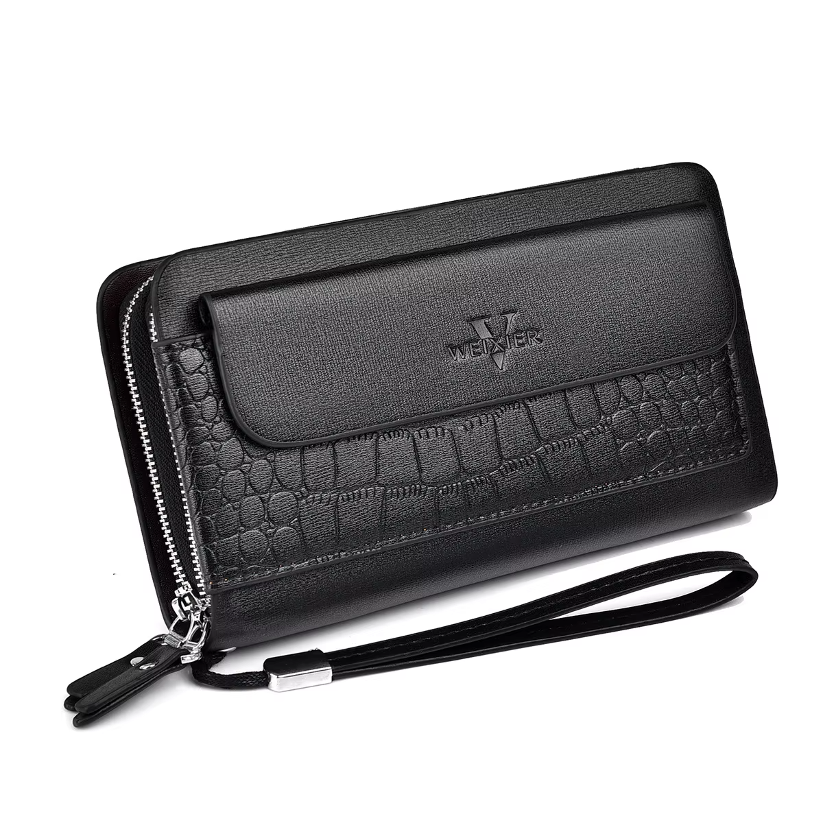 Luxury Double Zipper Phone Wallet for Men - Spacious Stone Pattern Purse with Card Holder and Wrist Strap