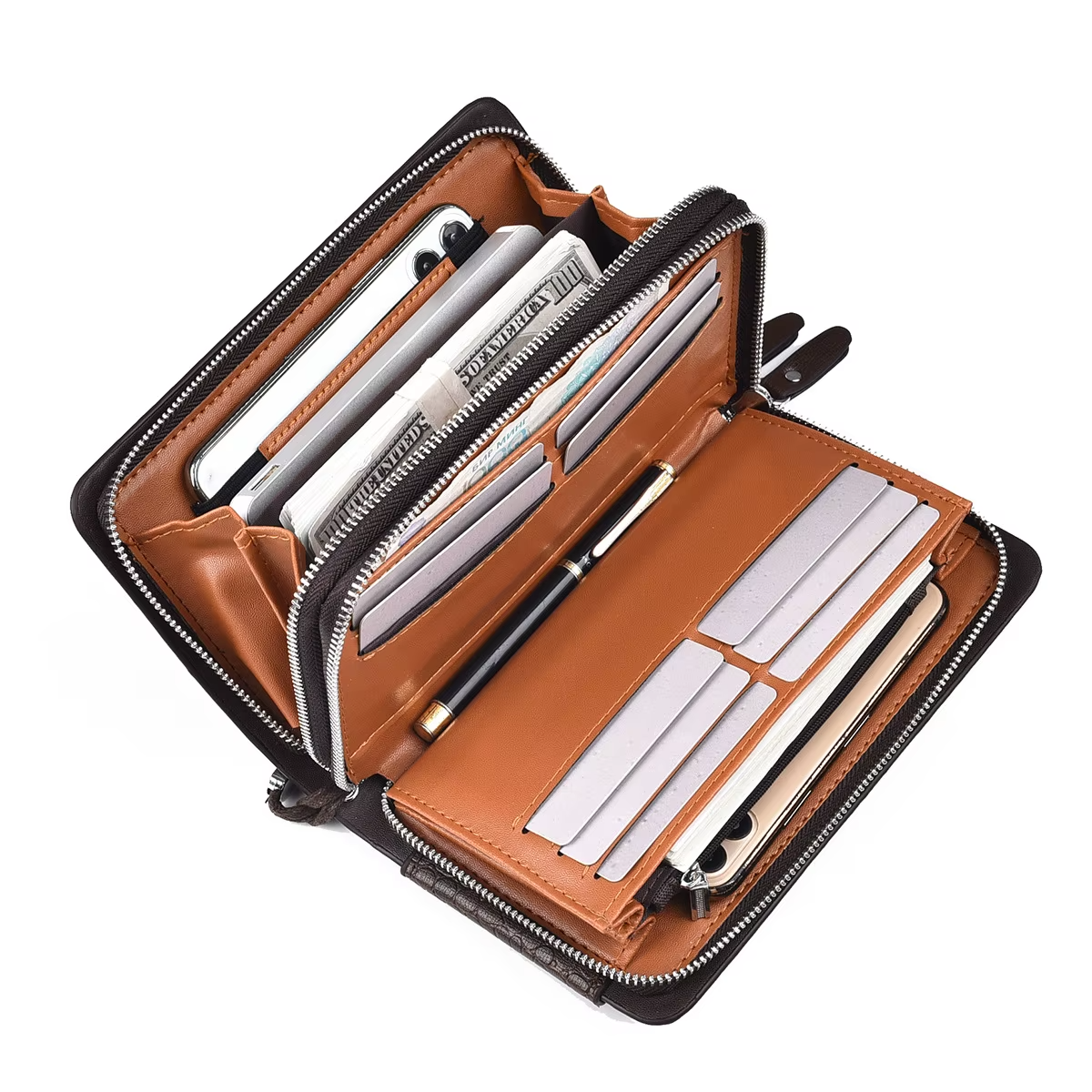 Luxury Double Zipper Phone Wallet for Men - Spacious Stone Pattern Purse with Card Holder and Wrist Strap