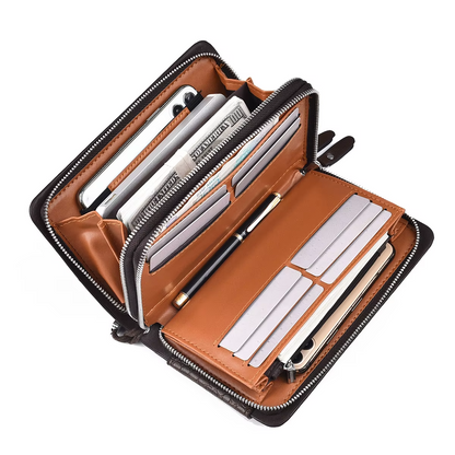 Luxury Double Zipper Phone Wallet for Men - Spacious Stone Pattern Purse with Card Holder and Wrist Strap